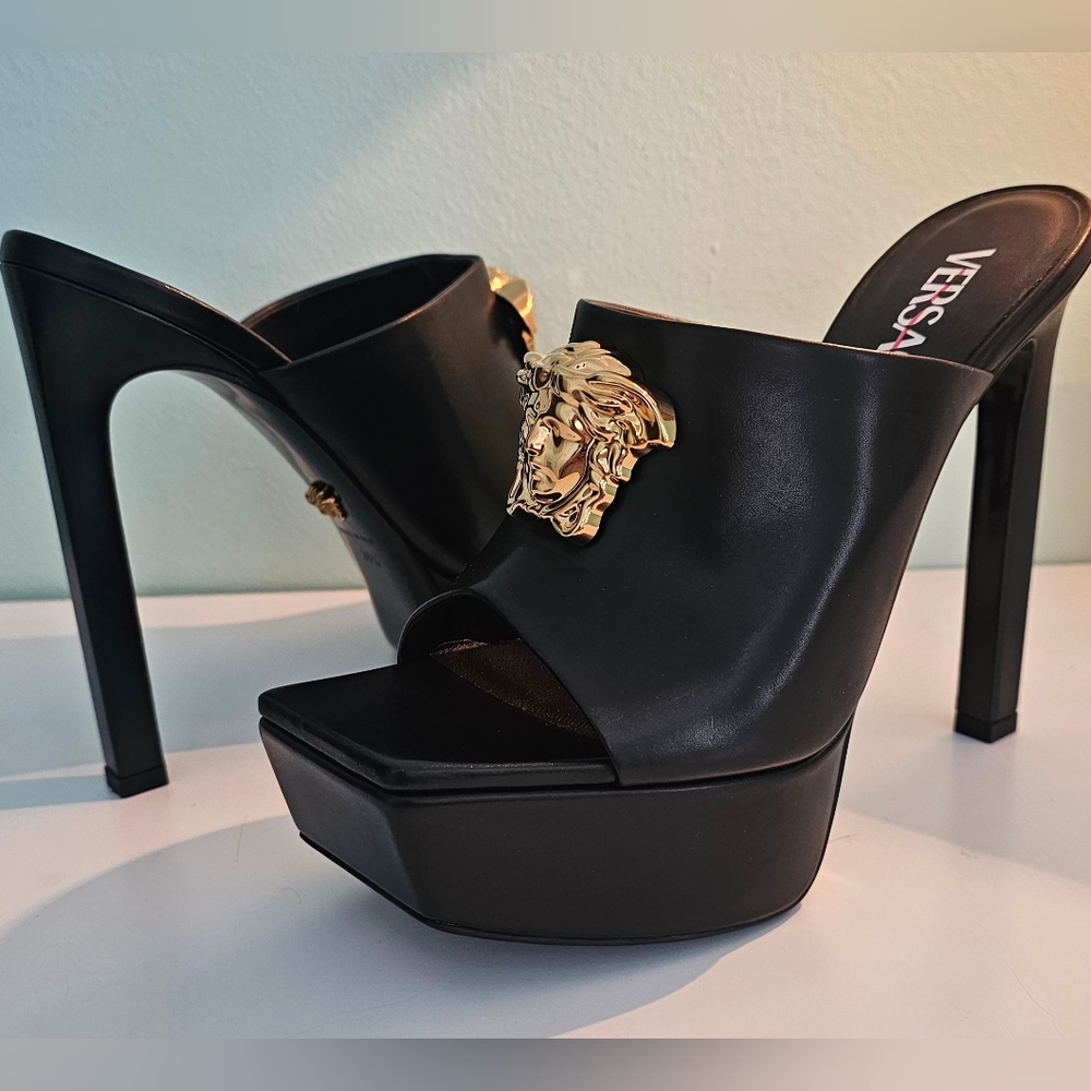 Versace La Medusa Gold 140MM Leather Platform Mules/Sandal Black Size 38/5 - Picture 11 of 16